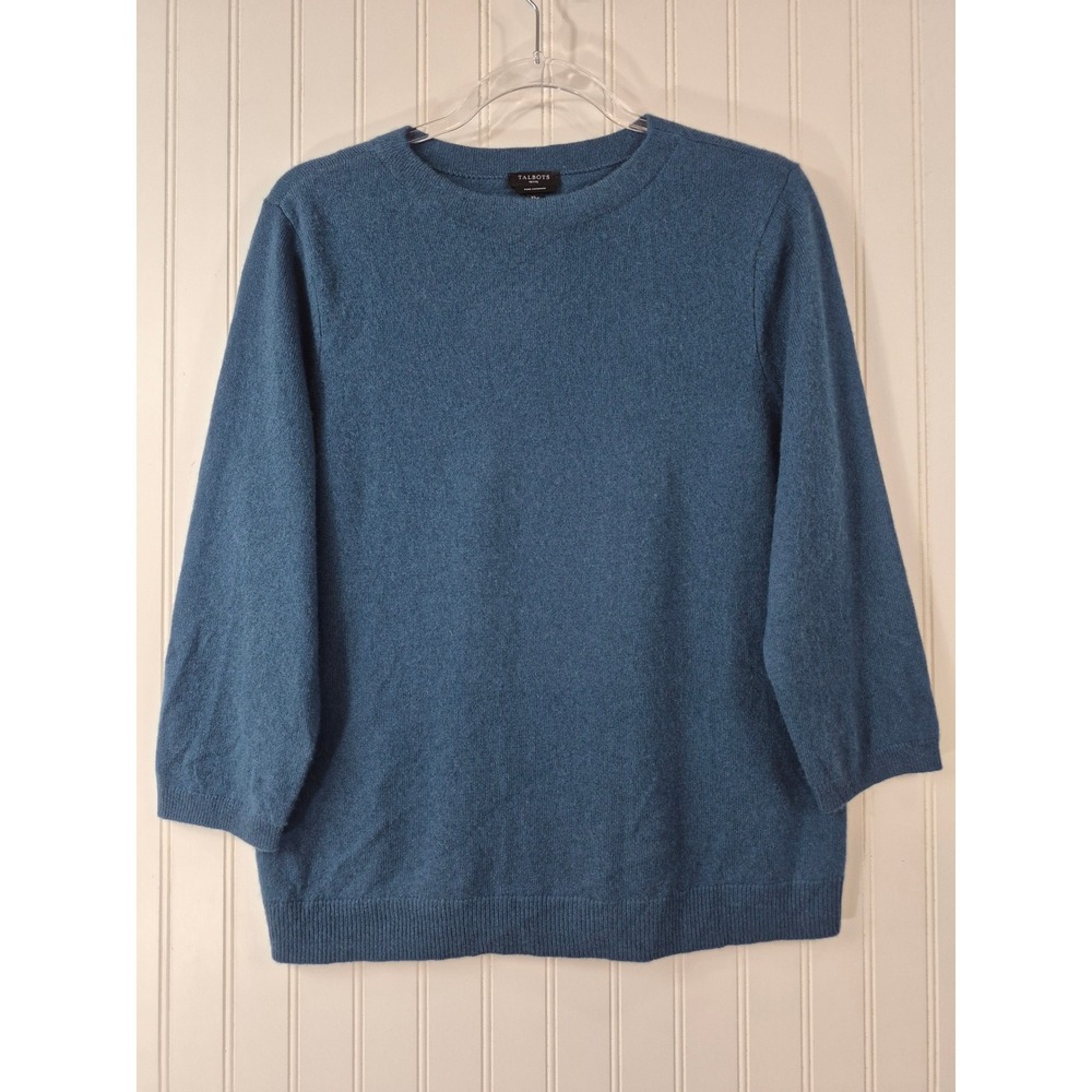 Talbots 100% Pure Cashmere Sweater XLP Teal Blue Crew Neck 3/4 Sleeve Knit